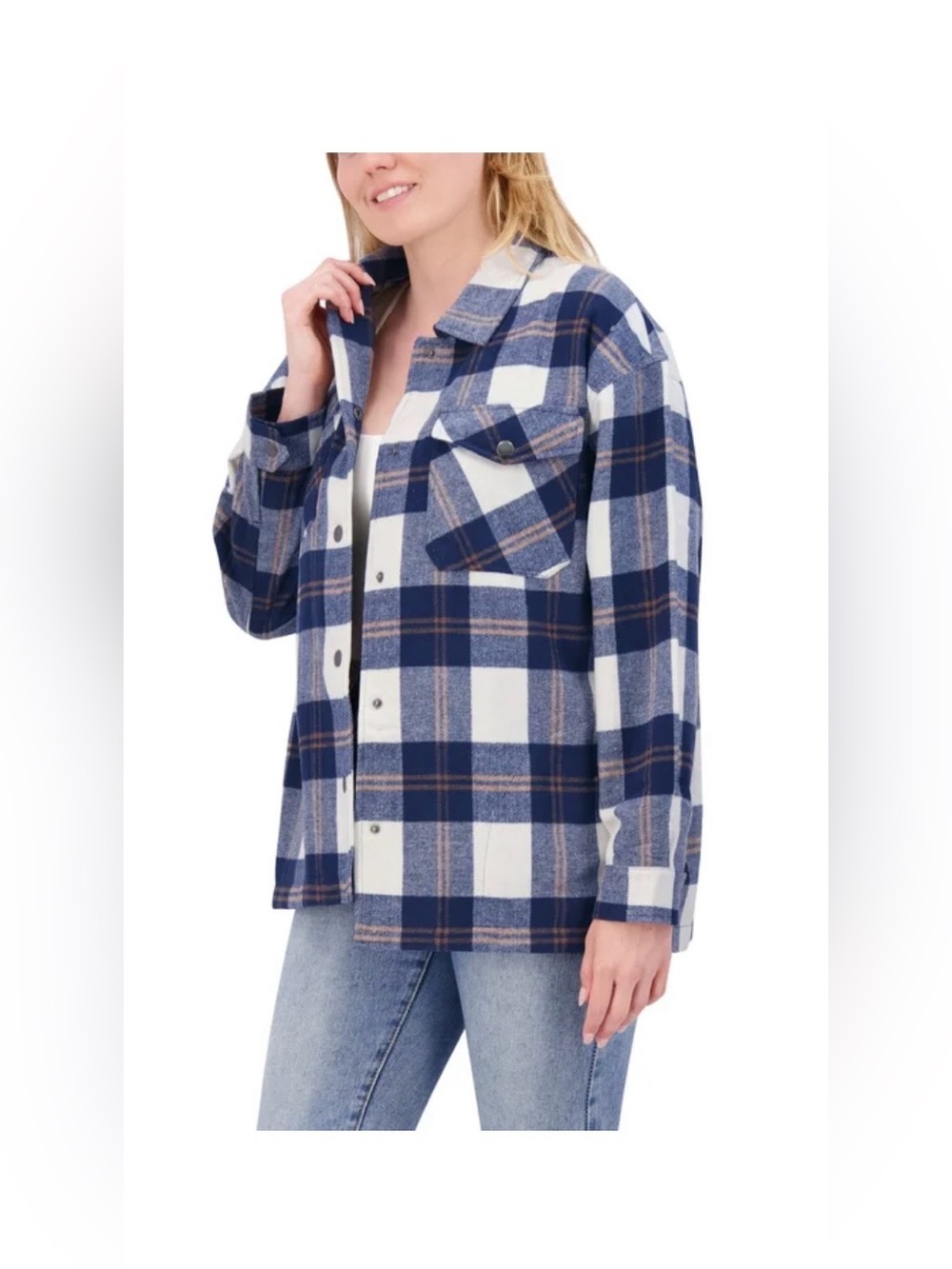 NWT HFX Plaid Button-Front shirt/Jacket in Navy and Cream - Picture 2 of 9